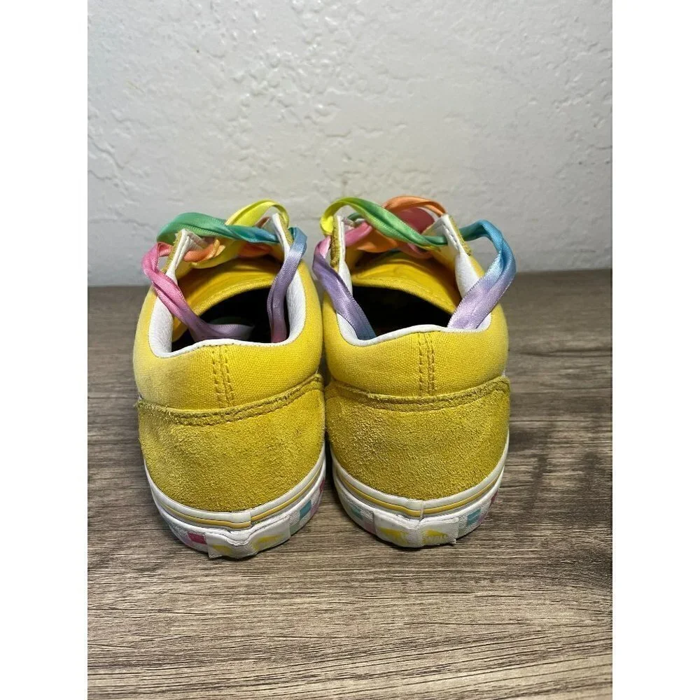 VANS OLD KIDS SKOOL SKATE SIZE 4.5 BRIGHT YELLOW RIBBON RAINBOW LACES SNEAKERS